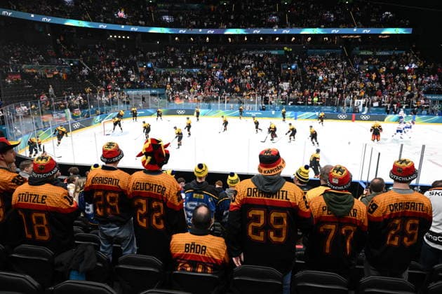 Winter Olympics - Team Germany Fans At Germany v USA Men s Hockey Match Team Germany fans before the men s preliminary round Group C Ice hockey, Eishockey match between USA and Germany at the Milano Santagiulia Ice Hockey Arena during the Milano Cortina 2026 Winter Olympic Games, Olympische Spiele, Olympia, OS in Milan, Italy on February 15, 2026. Photo by JMP ABACAPRESS.COM Milan Italy  Copyright: xJMP ABACAx
