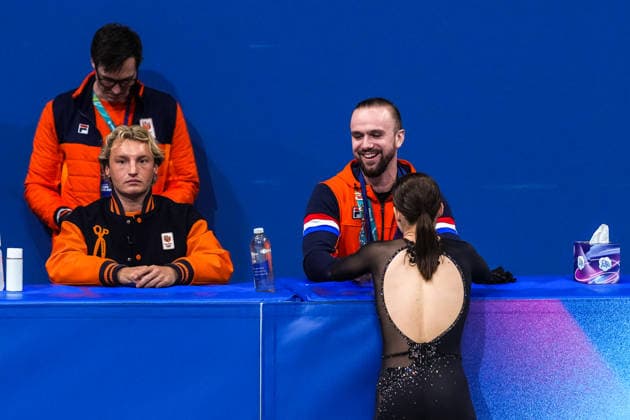 2026-02-15 - Milano Cortina 2026 Winter Olympics Figure skating, Eiskunstlauf Pair Skating MILAN, ITALY - FEBRUARY 15: Daria Danilova, Michel Tsiba of Netherlands and coaches performing in the Figure Skating Pair Skating Short Program during the Milano Cortina 2026 Winter Olympics at the Milano Ice Skating Arena on February 15, 2026 in Milan, Italy Milan Milano Ice Skating Arena Italy Content not available for redistribution in The Netherlands directly or indirectly through any third parties. Copyright: xAndrexWeeningx