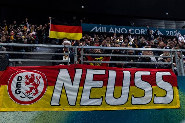 MILANO, ITALY - FEBRUARY 15: German flag DEG Duesseldorfer EG Neuss shown in the venue during the Ice hockey, Eishockey Men United States of America vs Germany - Preliminary Round - Group C at the Milano Cortina 2026 Olympics at Milano Santagiulia Ice Hockey Arena on day 9 of the Milano Cortina 2026 Olympics on February 15, 2026 in Milano, Italy. Editorial use only. Italy Copyright: xSteffiexWunderlx