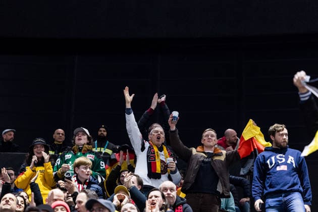 MILANO, ITALY - FEBRUARY 15: German fans cheering during the Ice hockey, Eishockey Men United States of America vs Germany - Preliminary Round - Group C at the Milano Cortina 2026 Olympics at Milano Santagiulia Ice Hockey Arena on day 9 of the Milano Cortina 2026 Olympics on February 15, 2026 in Milano, Italy. Editorial use only. Italy Copyright: xSteffiexWunderlx