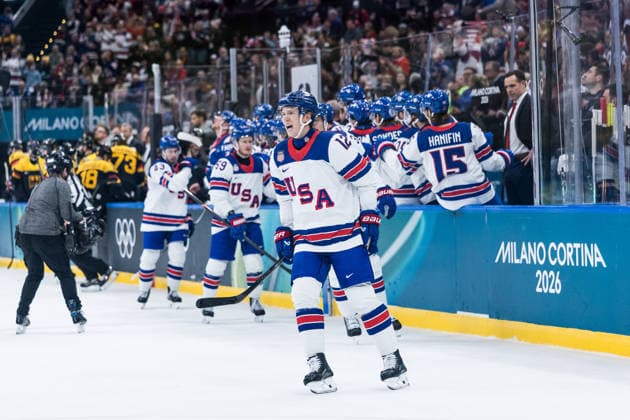 MILANO, ITALY - FEBRUARY 15: Matt Boldy (United States of America, 12) cheers after Werensky scored the 1:0 during the Ice hockey, Eishockey Men United States of America vs Germany - Preliminary Round - Group C at the Milano Cortina 2026 Olympics at Milano Santagiulia Ice Hockey Arena on day 9 of the Milano Cortina 2026 Olympics on February 15, 2026 in Milano, Italy. Editorial use only. Italy Copyright: xSteffiexWunderlx