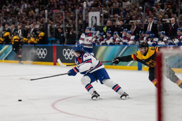 Quinn Hughes (United States of America, 43) and Parker Tuomie (Germany, 62) in action during the Menss Ice hockey, Eishockey group stage game between the United States (USA) and Germany (GER) at the Olympic Winter games, Winterspiele,Spiele, Summer games Milano Cortina 2026 at the Milano Santa Giulia Ice Hockey Arena, Milan, Italy, on February 15, 2026. im Gruppenspiel der Männer im Eishockey zwischen den USA (USA) und Deutschland (GER) bei den Olympischen Winterspielen Milano Cortina 2026 in der Milano Santa Giulia Ice Hockey Arena, Mailand, Italien, am 15. Februar 2026. *** Quinn Hughes United States of America, 43 and Parker Tuomie Germany, 62 in action during the Mens ice hockey group stage game between the United States USA and Germany GER at the Olympic Winter Games Milano Cortina 2026 at the Milano Santa Giulia Ice Hockey Arena, Milan, Italy, on February 15, 2026 in the Mens ice hockey group stage game between the United States USA and Germany GER at the Olympic Winter Games Milano Cortina 2026 at the Milano Santa Giulia Ice Hockey Arena, Milan, Italy, on February 15, 2026 Copyright: HMBxMedia MarcxNiemeyer