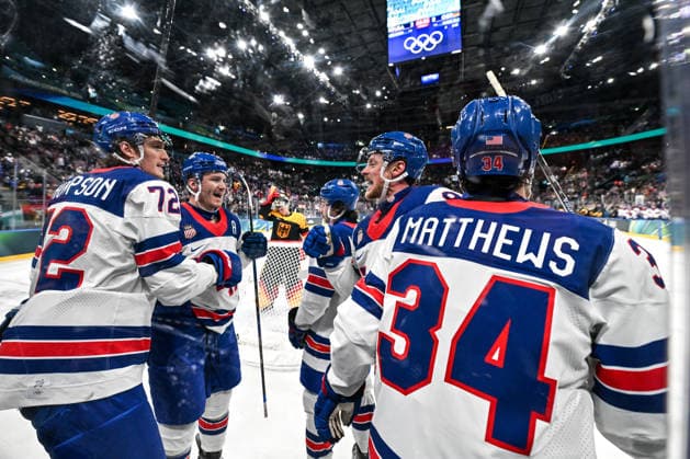 15 02 2026, Milano, Santa Giulia Ice hockey, Eishockey Arena, Winter Olympics: USA - Germany (Ice Hockey), Tage Thompson of United States (L), Matthew Tkachuk of United States, Jack Eichel of United States and Auston Matthews of United States celebrate a goal Milano Santa Giulia Ice Hockey Arena Lombardy Italy *** 15 02 2026, Milano, Santa Giulia Ice Hockey Arena, Winter Olympics USA Germany Ice Hockey , Tage Thompson of United States L , Matthew Tkachuk of United States, Jack Eichel of United States and Auston Matthews of United States celebrate a goal Milano Santa Giulia Ice Hockey Arena Lombardy Italy Copyright: xJustPictures.ch AndreaxBrancax jp-en-AnBr-AB-DSC_680315022026