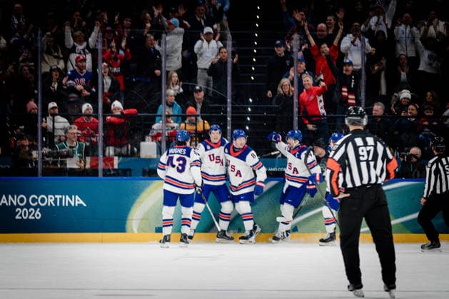 Goal celebration 1:0 Zach Werenski (United States of America, 8) in action during the Menss Ice hockey, Eishockey group stage game between the United States (USA) and Germany (GER) at the Olympic Winter games, Winterspiele,Spiele, Summer games Milano Cortina 2026 at the Milano Santa Giulia Ice Hockey Arena, Milan, Italy, on February 15, 2026. im Gruppenspiel der Männer im Eishockey zwischen den USA (USA) und Deutschland (GER) bei den Olympischen Winterspielen Milano Cortina 2026 in der Milano Santa Giulia Ice Hockey Arena, Mailand, Italien, am 15. Februar 2026. *** Goal celebration 1 0 Zach Werenski United States of America, 8 in action during the Mens ice hockey group stage game between the United States USA and Germany GER at the Olympic Winter Games Milano Cortina 2026 at the Milano Santa Giulia Ice Hockey Arena, Milan, Italy, on February 15, 2026 in the Mens ice hockey group stage game between the United States USA and Germany GER at the Olympic Winter Games Milano Cortina 2026 at the Milano Santa Giulia Ice Hockey Arena, Milan, Italy, on February 15, 2026 Copyright: HMBxMedia MarcxNiemeyer