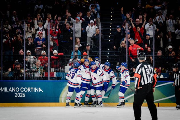 Goal celebration 1:0 Zach Werenski (United States of America, 8) in action during the Menss Ice hockey, Eishockey group stage game between the United States (USA) and Germany (GER) at the Olympic Winter games, Winterspiele,Spiele, Summer games Milano Cortina 2026 at the Milano Santa Giulia Ice Hockey Arena, Milan, Italy, on February 15, 2026. im Gruppenspiel der Männer im Eishockey zwischen den USA (USA) und Deutschland (GER) bei den Olympischen Winterspielen Milano Cortina 2026 in der Milano Santa Giulia Ice Hockey Arena, Mailand, Italien, am 15. Februar 2026. *** Goal celebration 1 0 Zach Werenski United States of America, 8 in action during the Mens ice hockey group stage game between the United States USA and Germany GER at the Olympic Winter Games Milano Cortina 2026 at the Milano Santa Giulia Ice Hockey Arena, Milan, Italy, on February 15, 2026 in the Mens ice hockey group stage game between the United States USA and Germany GER at the Olympic Winter Games Milano Cortina 2026 at the Milano Santa Giulia Ice Hockey Arena, Milan, Italy, on February 15, 2026 Copyright: HMBxMedia MarcxNiemeyer
