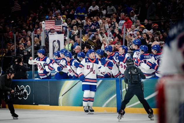Goal celebration 1:0 Zach Werenski (United States of America, 8) in action during the Menss Ice hockey, Eishockey group stage game between the United States (USA) and Germany (GER) at the Olympic Winter games, Winterspiele,Spiele, Summer games Milano Cortina 2026 at the Milano Santa Giulia Ice Hockey Arena, Milan, Italy, on February 15, 2026. im Gruppenspiel der Männer im Eishockey zwischen den USA (USA) und Deutschland (GER) bei den Olympischen Winterspielen Milano Cortina 2026 in der Milano Santa Giulia Ice Hockey Arena, Mailand, Italien, am 15. Februar 2026. *** Goal celebration 1 0 Zach Werenski United States of America, 8 in action during the Mens ice hockey group stage game between the United States USA and Germany GER at the Olympic Winter Games Milano Cortina 2026 at the Milano Santa Giulia Ice Hockey Arena, Milan, Italy, on February 15, 2026 in the Mens ice hockey group stage game between the United States USA and Germany GER at the Olympic Winter Games Milano Cortina 2026 at the Milano Santa Giulia Ice Hockey Arena, Milan, Italy, on February 15, 2026 Copyright: HMBxMedia MarcxNiemeyer