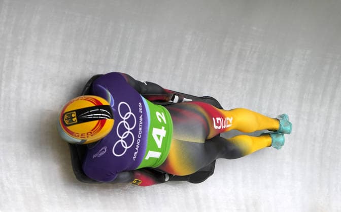 (260215) -- CORTINA D AMPEZZO, Feb. 15, 2026 -- Christopher Grotheer of Germany competes during the skeleton mixed team event at the Milan-Cortina 2026 Olympic Winter games, Winterspiele,Spiele, Summer games in Cortina, Italy, Feb. 15, 2026. ) (MICO2026)ITALY-CORTINA D AMPEZZO-OLYMPIC WINTER GAMES-SKELETON MIXED TEAM LixGang 