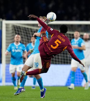 Rasmus Hojlund (SSC Napoli) and Evan Ndicka (AS Roma) battle for the ball, Serie A, SSC Napoli v AS Roma, Diego Maradona Stadium, February 15, 2026, Napoli, Italy.