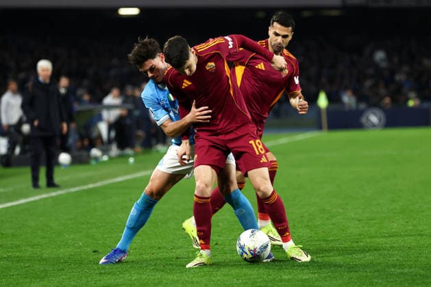 Miguel Gutierrez of SSC Napoli, Matias Soule and Zeki Celik of AS Roma compete for the ball during the Serie A 2025 2026 football match between SSC Napoli and AS Roma at Diego Armando Maradona stadium in Naples (Italy), February 15, 2026. cesarexpurini