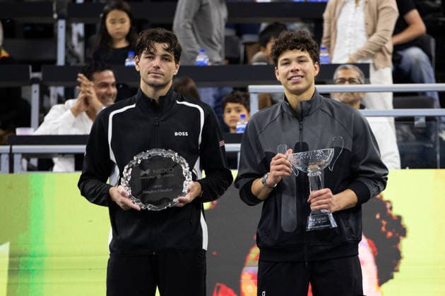 February 15, 2026, Frisco, Texas, USA: (L to r)TAYLOR FRITZ (USA) and BEN SHELTON (USA) poses a for a photo after a menÃ¢â‚¬â ¢s singles final match at the 2026 Nexo Dallas Open at The Ford Center at The Star in Frisco, Texas. Ben Shelton won the Dallas Open singles title after defeating Taylor Fritz, 3:6, 6:3, 7:5. Frisco USA - ZUMAh193 20260215_zsp_h193_071 Copyright: xDanielxMcGregor-Huyerx