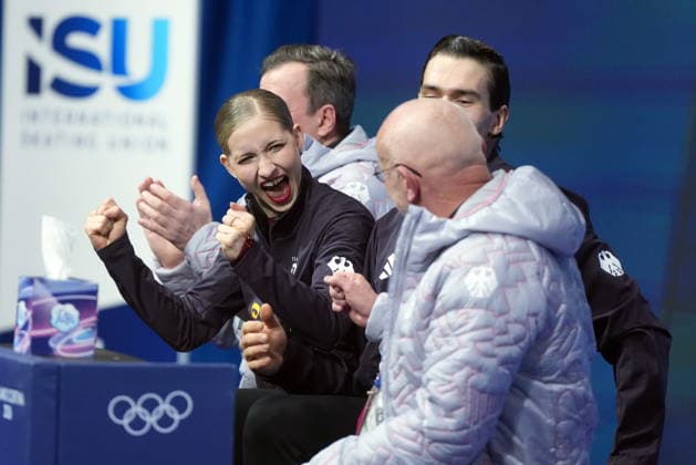February 15, 2026, Milan, ITALY: Germany s Minerva Fabienne Hase and Nikita Volodin celebrate their scores after competing during the pairs short program Figure skating, Eiskunstlauf event at the 2026 Winter Olympics, in Milan, on Sunday, Feb. 15, 2026. Canada News - February 15, 2026  - ZUMAc35_ 20260215_zaf_c35_205 Copyright: xDarrylxDyckx