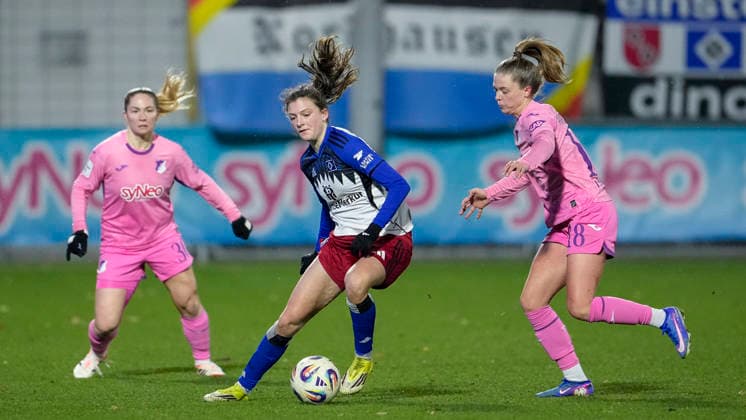 v.li.: Nadine Bitzer (TSG, 30), Lotta Wrede (HSV, 32), Valesca Ampoorter (TSG, 18), Zweikampf, Spielszene, Duell, duel, tackle, tackling, Dynamik, Action, Aktion, 15.02.2026, Sinsheim (Hoffenheim) (Deutschland), Fussball, Google Pixel Frauen-Bundesliga, TSG 1899 Hoffenheim - Hamburger SV, DFB DFL REGULATIONS PROHIBIT ANY USE OF PHOTOGRAPHS AS IMAGE SEQUENCES AND OR QUASI-VIDEO.