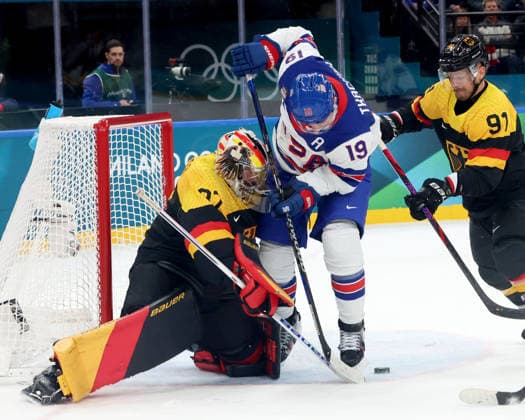 February 15, 2026, Milan, Lombardy, Italy: Matthew Tkachuk 19 of Team United States and Maximilian Franzreb 37 of Team Germany in men s Ice hockey, Eishockey group C play during the Milano Cortina 2026 Olympic Winter games, Winterspiele,Spiele, Summer games at Milano Santagiulia Ice Hockey Arena. Olympics 2026: Milano Cortina: Ice Hockey-Men Group C - USA-GER  - ZUMAm117 20260215_oly_m117_009 Copyright: xDavidxMcIntyrex