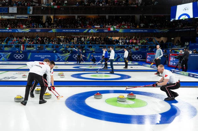 Curling - Milano Cortina 2026 Winter Olympics: Day 9 Marc Kennedy, Brad Jacobs during Milano Cortina 2026 Winter Olympics Men™s Curling Round Robin at Curling Olympic Stadium in Cortina D Ampezzo on February 15, 2026 Cortina D Ampezzo Italy  Copyright: xFotoxOlimpikx originalFilename:jastrzebowski-curlingm260215_npTwx.jpg