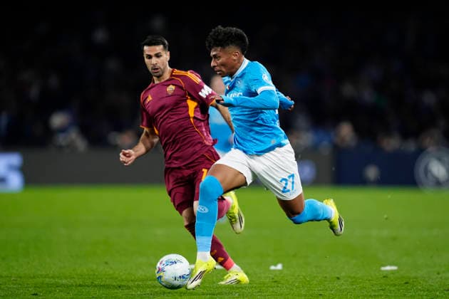 Alisson Santos (SSC Napoli) in action, Serie A, SSC Napoli v AS Roma, Diego Maradona Stadium, February 15, 2026, Napoli, Italy.
