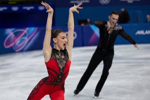 February 15, 2026, Milano, Lombardy, Italy: Anastasiia Metelkina of Georgia and Luka Berulava of Georgia currently in second place perform in Ice Skating Pairs Short Program during the 2026 Winter Olympics at the Milano Ice Skating Arena on Sunday in Milano. Olympics 2026: Milano Cortina: Figure skating, Eiskunstlauf Pairs  - ZUMAj89_ 20260215_oly_j89_052 Copyright: xPaulxKitagakixJr.x