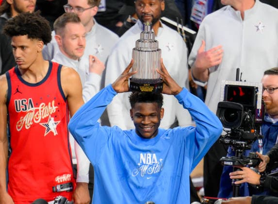 NBA, Basketball Herren, USA All Star 2026 - MVP Anthony Edwards LOS ANGELES, CA - FEB 15: Anthony Edwards for USA Stars, Timberwolves guard receives Most Valuable Player (MVP) during the NBA All Star 2026 at Intuit Dome, Inglewood, Los Angeles, California, United States on February 15, 2026. Tayfun Coskun Anadolu California United States. Editorial use only. Please get in touch for any other usage.  Copyright: x2026xAnadoluxTayfunxCoskunx