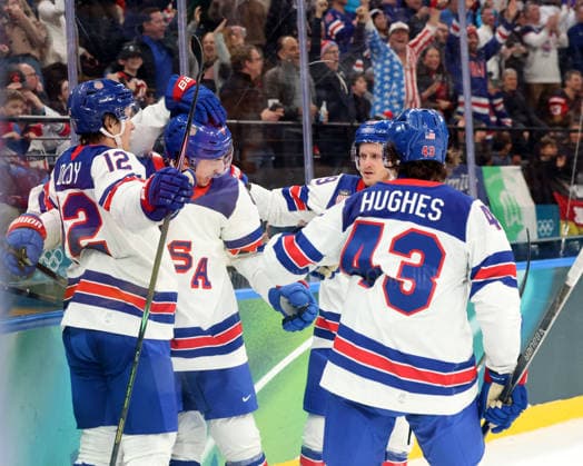 February 15, 2026, Milan, Lombardy, Italy: ZACH WERENSKI (8) of Team United States is congratulated after scoring a goal against Team Germany in men s Ice hockey, Eishockey group C play during the Milano Cortina 2026 Olympic Winter games, Winterspiele,Spiele, Summer games at Milano Santagiulia Ice Hockey Arena. Olympics 2026: Milano Cortina: Ice Hockey Men s USA 5:1 GER  - ZUMAm117 20260215_oly_m117_003 Copyright: xDavidxMcIntyrex