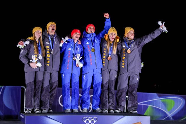 Kreher Jungk (GER) Stoecker Weston (GBR) Pfeifer Grotheer (GER) during the Olympic Games, Olympische Spiele, Olympia, OS Milano-Cortina 2026, Skeleton Mixed Team Competition on february 15, 2026 at Cortina Sliding Center in Cortina d Ampezzo, Italy  Copyright: xLucianoxMariaxBisi IPAxSportx xipa-agency.netx xx IPA_71591213 IPA_Agency_IPA71591213