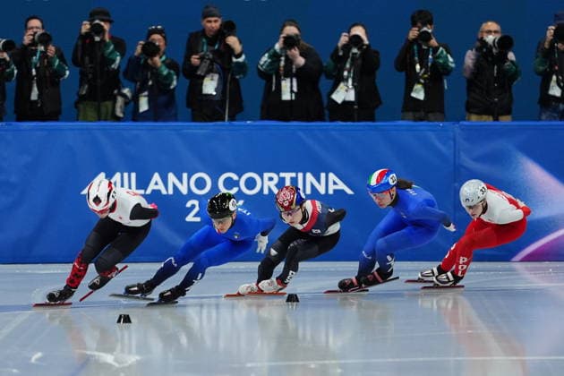 Chiara Betti and Arianna Fontana during the women s 1000m short track race, at the 2026 Milan-Cortina Winter Olympics, Milan, Italy, February 16, 2026. Photo: Claudio Furlan LaPresse  Copyright: xClaudioxFurlan LaPressex