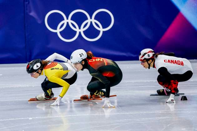 Hanne Desmet of Belgium and Chutong Zhang of China and Florence Brunelle of Canada Women s 1000m Quarterfinals, Milano Cortina 2026 Winter Olympics: Day 10, Short Track Speed skating, Eisschnelllauf - Milano Cortina 2026 Winter Olympics: Day 10, Milano Speed Skating Stadium, February 16, 2026, Milan, Italy.