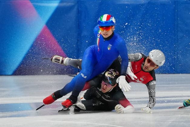 Pietro Sighel during Men s 500m Short Track for the Milan-Cortina 2026 Winter Olympics, Milan, Italy, February 16, 2026. Photo: Claudio Furlan LaPresse  Copyright: xClaudioxFurlan LaPressex