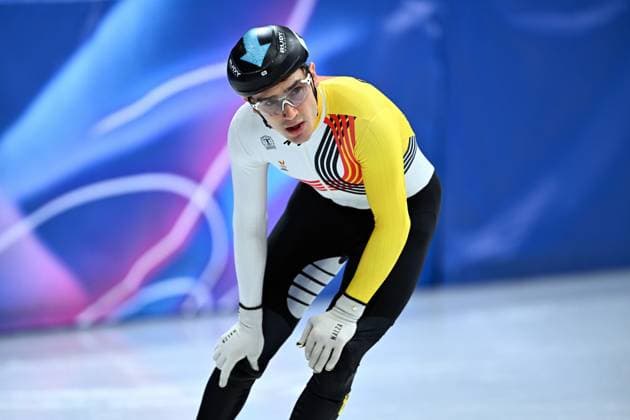 Belgian shorttrack skater Stijn Desmet reacts after the heat of the men s 500m Short Track Speed skating, Eisschnelllauf at the Milano Cortina 2026 Olympic Winter games, Winterspiele,Spiele, Summer games on Monday 16 February 2026 in Milan, Italy. The XXV Winter Olympics take place from 6 to 22 February 2026 in Italy. JASPERxJACOBS  x163797200x