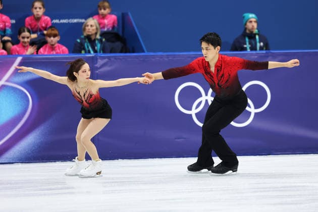 MILAN, ITALY - FEBRUARY 15: Riku Miura and Ryuichi Kihara of Team Japan compete in Pair Skating - Short Program on day nine of the Milano Cortina 2026 Winter Olympics at Milano Ice Skating Arena on February 15, 2026 in Milan, Italy.  Copyright: xVCGx 111621718252