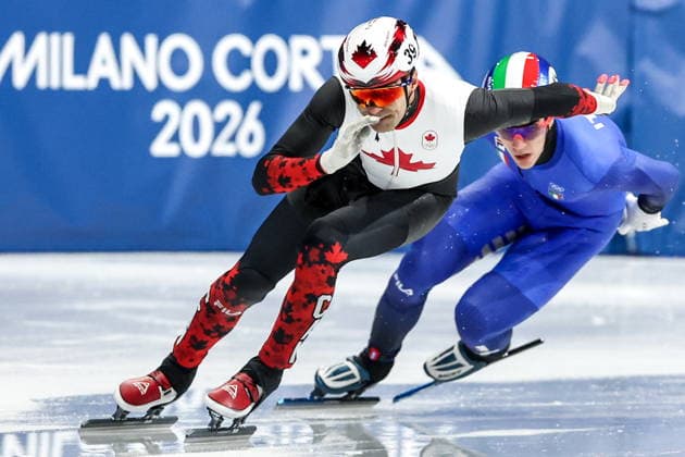 ITALY, MILAN - FEBRUARY 16, 2026: Maxime Laoun (L) of Canada and Lorenzo Previtali of Italy compete in the men s 500m short-track Speed skating, Eisschnelllauf heats during the 2026 Winter Olympic Games, Olympische Spiele, Olympia, OS at the Milano Ice Skating Arena 2026 Winter Olympics: Short-Track Speed Skating  - ZUMAt113 20260216_zaa_t113_085 Copyright: xPeterxKovalevx
