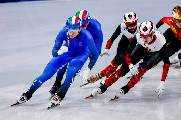 Thomas Nadalini of Italy and Andrea Cassinelli of Italy and Felix Roussel of Canada and Steven Dubois of Canada Men s 5000m Relay Semifinals, Milano Cortina 2026 Winter Olympics: Day 10, Short Track Speed skating, Eisschnelllauf - Milano Cortina 2026 Winter Olympics: Day 10, Milano Speed Skating Stadium, February 16, 2026, Milan, Italy.
