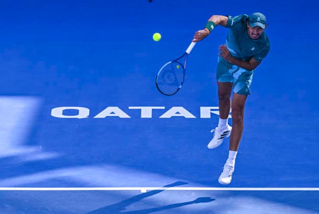 ATP, Tennis Herren Qatar ExxonMobil Open 2026-Round of 32 Alexei Popyrin of Australia in action against Mubarak Shannan Zayid of Qatar in the Round of 32 at the ATP men™s Qatar ExxonMobil Open 2026 at the Khalifa International Tennis Complex in Doha, Qatar, on February 16, 2026. ¨ DOHA Qatar Copyright: xNOUSHADx