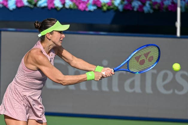 2026 Dubai Duty Free Tennis Championship DUBAI, UNITED ARAB EMIRATES - FEBRUARY 16: Swiss tennis player Belinda Bencic competes against Spain s Jessica Bouzas Maneiro (not seen) in the women’s singles match of the Dubai Duty Free Tennis Championship at the Dubai Duty Tennis Stadium in Dubai, United Arab Emirates, on February 16, 2026. Waleed Zein Anadolu Dubai United Arab Emirates. Editorial use only. Please get in touch for any other usage.  Copyright: x2026xAnadoluxWaleedxZeinx