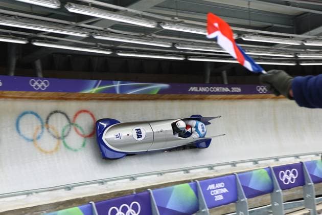 Jeux Olympiques d hiver Milan Cortina PHOTOPQR LE COURRIER PICARD Haslin ; Cortina d Ampezzo ; 16 02 2026 ; 16 02 26 Jeux Olympiques d hiver Milan Cortina - Winter Olympics games Milano Cortina Bobsleigh bob à 2 Romain Heinrich et Dorian Hauterville (France) Photo Fred Haslin Winter olympics in Milan Cortina, Italy. Cortina d Ampezzo Dolomites France  Copyright: xPHOTOPQR LExCOURRIERxPICARD MAXPxHaslinx 20260216LCP2467 20260216LCP2467