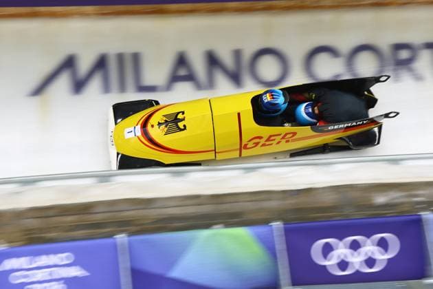 Jeux Olympiques d hiver Milan Cortina PHOTOPQR LE COURRIER PICARD Haslin ; Cortina d Ampezzo ; 16 02 2026 ; 16 02 26 Jeux Olympiques d hiver Milan Cortina - Winter Olympics games Milano Cortina Bobsleigh bob à 2 Johannes Lochner et Georg Fleischhauer (Allemagne 1) Photo Fred Haslin Winter olympics in Milan Cortina, Italy. Cortina d Ampezzo Dolomites France  Copyright: xPHOTOPQR LExCOURRIERxPICARD MAXPxHaslinx 20260216LCP2471 20260216LCP2471