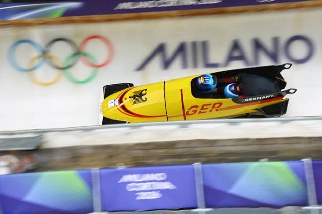 Jeux Olympiques d hiver Milan Cortina PHOTOPQR LE COURRIER PICARD Haslin ; Cortina d Ampezzo ; 16 02 2026 ; 16 02 26 Jeux Olympiques d hiver Milan Cortina - Winter Olympics games Milano Cortina Bobsleigh bob à 2 Johannes Lochner et Georg Fleischhauer (Allemagne 1) Photo Fred Haslin Winter olympics in Milan Cortina, Italy. Cortina d Ampezzo Dolomites France  Copyright: xPHOTOPQR LExCOURRIERxPICARD MAXPxHaslinx 20260216LCP2472 20260216LCP2472