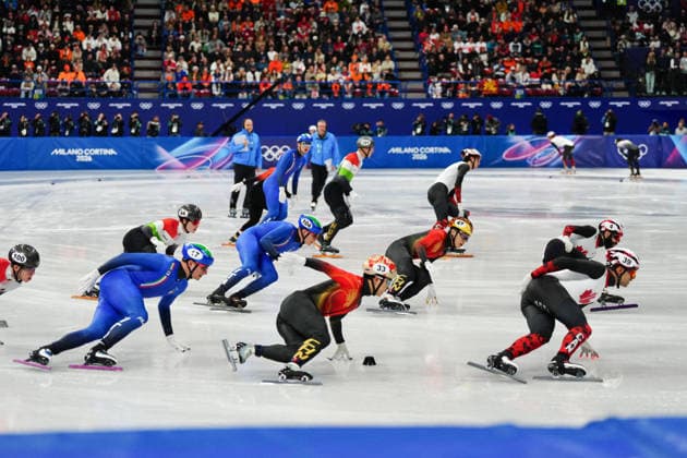Olympic Short Track Speed skating, Eisschnelllauf Men s 5000m Relay Semifinals for the Milano Cortina 2026 Winter Olympics, in Milan (Italy) February 14, 2026 (Photo Claudio Furlan LaPresse)  Copyright: xClaudioxFurlan LaPressex
