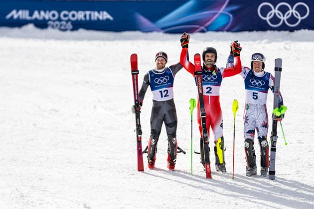 260216 Fabio Gstrein of Austria, Loic Meillard of Switzerland and Henrik Kristoffersen of Norway celebrate after competing in men s alpine skiing slalom during day 10 of the 2026 Winter Olympics on February 16, 2026 in Bormio. Photo: Vegard Grott BILDBYRAN kod VG VG0881 bbeng alpint alpine skiing Olympic Games, Olympische Spiele, Olympia, OS olympics winter olympics os ol olympiska spel vinter-os olympiske leker milano cortina 2026 milan cortina 2026 milano cortina 2026 olympic games milano cortina 2026 winter olympic games milano cortina-os milano cortina-ol vinter-ol slalom slalam norge österrike schweiz jubel *** 260216 Fabio Gstrein of Austria, Loic Meillard of Switzerland and Henrik Kristoffersen of Norway celebrate after competing in men s alpine skiing slalom during day 10 of the 2026 Winter Olympics on February 16, 2026 in Bormio Photo Vegard Grott BILDBYRAN kod VG VG0881 bbeng alpine alpine skiing olympic games olympics winter olympics os ol olympiska spel vinter os olympiske leker milano cortina 2026 milan cortina 2026 milano cortina 2026 olympic games milano cortina 2026 winter olympic games milano cortina os milano cortina ol vinter ol slalom slalam norge österrike schweiz jubel  Copyright: VEGARDxGRoTT BB260216VG055
