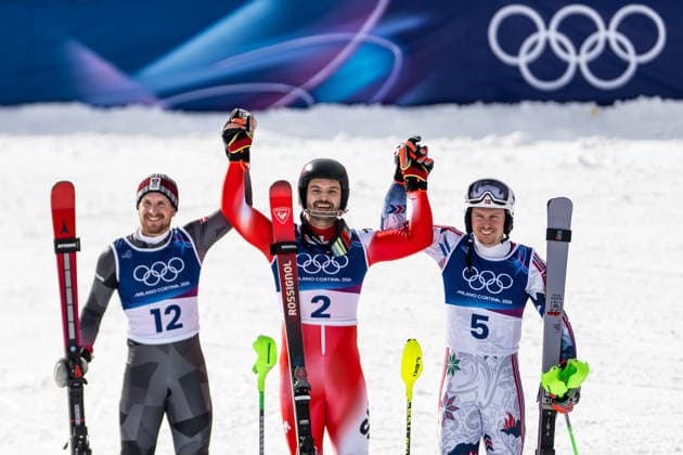 260216 Fabio Gstrein of Austria, Loic Meillard of Switzerland and Henrik Kristoffersen of Norway celebrate after competing in men s alpine skiing slalom during day 10 of the 2026 Winter Olympics on February 16, 2026 in Bormio. Photo: Vegard Grott BILDBYRAN kod VG VG0881 bbeng alpint alpine skiing Olympic Games, Olympische Spiele, Olympia, OS olympics winter olympics os ol olympiska spel vinter-os olympiske leker milano cortina 2026 milan cortina 2026 milano cortina 2026 olympic games milano cortina 2026 winter olympic games milano cortina-os milano cortina-ol vinter-ol slalom slalam norge österrike schweiz jubel *** 260216 Fabio Gstrein of Austria, Loic Meillard of Switzerland and Henrik Kristoffersen of Norway celebrate after competing in men s alpine skiing slalom during day 10 of the 2026 Winter Olympics on February 16, 2026 in Bormio Photo Vegard Grott BILDBYRAN kod VG VG0881 bbeng alpine alpine skiing olympic games olympics winter olympics os ol olympiska spel vinter os olympiske leker milano cortina 2026 milan cortina 2026 milano cortina 2026 olympic games milano cortina 2026 winter olympic games milano cortina os milano cortina ol vinter ol slalom slalam norge österrike schweiz jubel  Copyright: VEGARDxGRoTT BB260216VG056