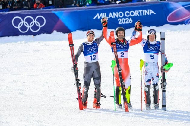 OLYMPICS - Winter Olympic Games, Olympische Spiele, Olympia, OS Milano Cortina 2026 BORMIO,ITALY,16.FEB.26 - OLYMPICS, ALPINE SKIING - Winter Olympic Games Milano Cortina 2026, slalom, men. Image shows the rejoicing of Fabio Gstrein (AUT), Loic Meillard (SUI) and Henrik Kristoffersen (NOR).  GEPAxpictures xWolfgangxGrebien