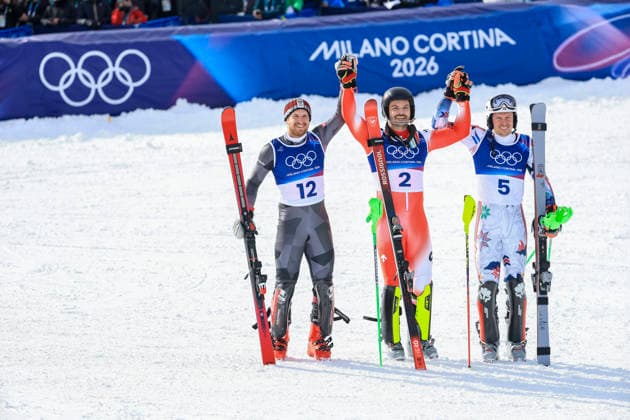 OLYMPICS - Winter Olympic Games, Olympische Spiele, Olympia, OS Milano Cortina 2026 BORMIO,ITALY,16.FEB.26 - OLYMPICS, ALPINE SKIING - Winter Olympic Games Milano Cortina 2026, slalom, men. Image shows the rejoicing of Fabio Gstrein (AUT), Loic Meillard (SUI) and Henrik Kristoffersen (NOR).  GEPAxpictures xWolfgangxGrebien