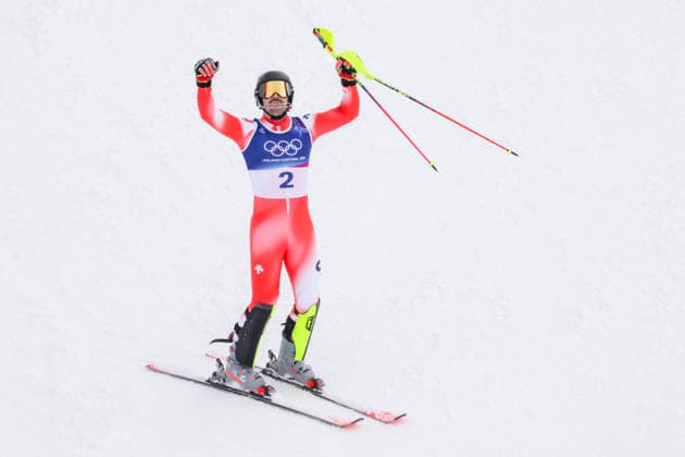 OLYMPICS - Winter Olympic Games, Olympische Spiele, Olympia, OS Milano Cortina 2026 BORMIO,ITALY,16.FEB.26 - OLYMPICS, ALPINE SKIING - Winter Olympic Games Milano Cortina 2026, slalom, men. Image shows the rejoicing of Loic Meillard (SUI).  GEPAxpictures xHaraldxSteiner