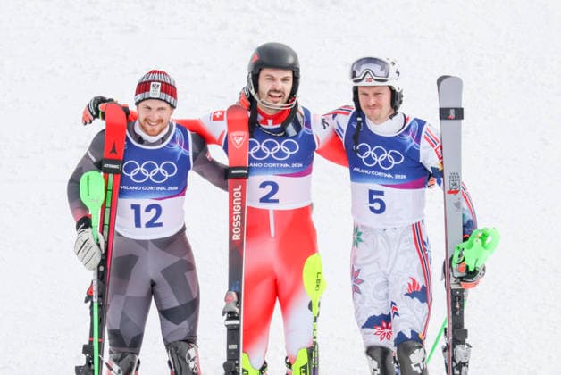 OLYMPICS - Winter Olympic Games, Olympische Spiele, Olympia, OS Milano Cortina 2026 BORMIO,ITALY,16.FEB.26 - OLYMPICS, ALPINE SKIING - Winter Olympic Games Milano Cortina 2026, slalom, men. Image shows the rejoicing of Fabio Gstrein (AUT), Loic Meillard (SUI) and Henrik Kristoffersen (NOR).  GEPAxpictures xHaraldxSteiner