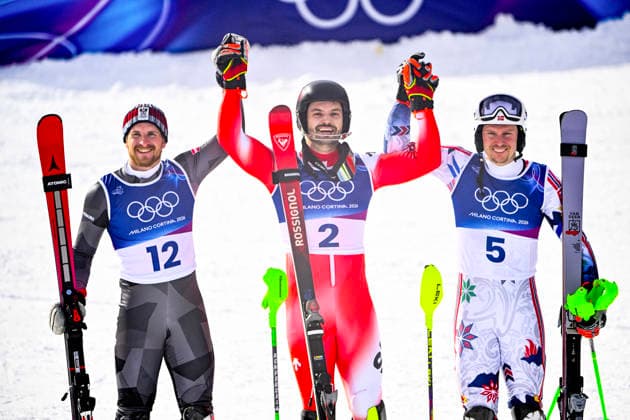 BORMIO, ITALY 20260216 Austria s Fabio Gstrein (silver), Loic Meillard from Switzerland (gold) and Norway s Henrik Kristoffersen (bronze) after the men s slalom at Stelvio Ski Center in Bormio, Italy. *** The image is included in the SPORTS PACKAGE. For others PAYMENT IMAGE *** BORMIO ITALY x10080x *** BORMIO, ITALY 20260216 Austria s Fabio Gstrein silver , Loic Meillard from Switzerland gold and Norway s Henrik Kristoffersen bronze after the men s slalom at Stelvio Ski Center in Bormio, Italy The image is included in the SPORTS PACKAGE For others PAYMENT IMAGE BORMIO ITALY x10080x  Copyright: xFredrikxSandberg TTx 2026 OLYMPICS ALPINE SLALOM MEN