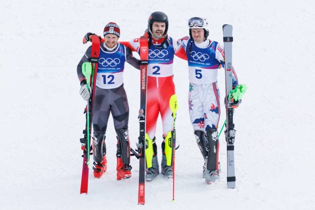 OLYMPICS - Winter Olympic Games, Olympische Spiele, Olympia, OS Milano Cortina 2026 BORMIO,ITALY,16.FEB.26 - OLYMPICS, ALPINE SKIING - Winter Olympic Games Milano Cortina 2026, slalom, men. Image shows Fabio Gstrein (AUT), Loic Meillard (SUI) and Henrik Kristoffersen (NOR).  GEPAxpictures xHaraldxSteiner