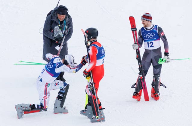 OLYMPICS - Winter Olympic Games, Olympische Spiele, Olympia, OS Milano Cortina 2026 BORMIO,ITALY,16.FEB.26 - OLYMPICS, ALPINE SKIING - Winter Olympic Games Milano Cortina 2026, slalom, men. Image shows Henrik Kristoffersen (NOR), Loic Meillard (SUI) and Fabio Gstrein (AUT).  GEPAxpictures xHaraldxSteiner