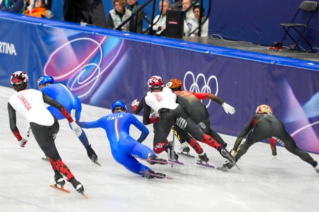 2026-02-16 - Milano Cortina 2026 Winter Olympics MILAN, ITALY - FEBRUARY 16: Andrea Cassinelli of Italy, Luca Spechenhauser of Italy, Steven Dubois of Canada, Bohao Zhang of China performing on the Short Track Speed skating, Eisschnelllauf of the Milano Cortina 2026 Winter Olympics at the Milano Ice Skating Arena on February 16, 2026 in Milan, Italy Milan Milano Ice Skating Arena Italy Content not available for redistribution in The Netherlands directly or indirectly through any third parties. Copyright: xAndrexWeeningx