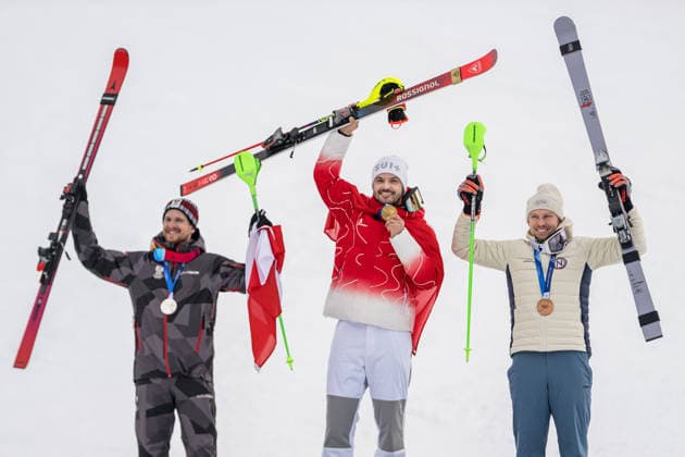 260216 Fabio Gstrein of Austria, Loic Meillard of Switzerland and Henrik Kristoffersen of Norway celebrate on the podium after men s alpine skiing slalom during day 10 of the 2026 Winter Olympics on February 16, 2026 in Bormio. Photo: Vegard Grott BILDBYRAN kod VG VG0881 bbeng alpint alpine skiing Olympic Games, Olympische Spiele, Olympia, OS olympics winter olympics os ol olympiska spel vinter-os olympiske leker milano cortina 2026 milan cortina 2026 milano cortina 2026 olympic games milano cortina 2026 winter olympic games milano cortina-os milano cortina-ol vinter-ol slalom slalam tyskland jubel norge schweiz *** 260216 Fabio Gstrein of Austria, Loic Meillard of Switzerland and Henrik Kristoffersen of Norway celebrate on the podium after men s alpine skiing slalom during day 10 of the 2026 Winter Olympics on February 16, 2026 in Bormio Photo Vegard Grott BILDBYRAN kod VG VG0881 bbeng alpine alpine skiing olympic games olympics winter olympics os ol olympiska spel vinter os olympiske leker milano cortina 2026 milan cortina 2026 milano cortina 2026 olympic games milano cortina 2026 winter olympic games milano cortina os milano cortina ol vinter ol slalom slalam germany jubel norge schweiz  Copyright: VEGARDxGRoTT BB260216VG074