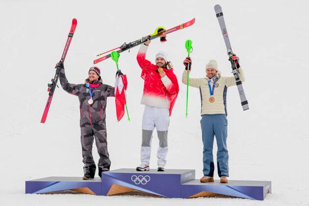 Winter Olympics in Milan Cortina 2026 Bormio, Italy 20260216. Fabio Gstrein from Austria, Loic Meillard from Switzerland and Henrik Kristoffersen from Norway on the podium after the second round of the men s slalom in Bormio during the Milan Cortina 2026 Winter Olympics. Photo: Cornelius Poppe NTB Bormio Italy EDITORIAL USE ONLY. RESTRICTED USE FOR BETTING COMPANIES Ref:_SPOWvsxSiPV3rs.jpg *** Winter Olympics in Milan Cortina 2026 Bormio, Italy 20260216 Fabio Gstrein from Austria, Loic Meillard from Switzerland and Henrik Kristoffersen from Norway on the podium after the second round of the men s slalom in Bormio during the Milan Cortina 2026 Winter Olympics Photo Cornelius Poppe NTB Bormio Italy EDITORIAL USE ONLY RESTRICTED USE FOR BETTING COMPANIES  Copyright: xCorneliusxPoppex xNTBx