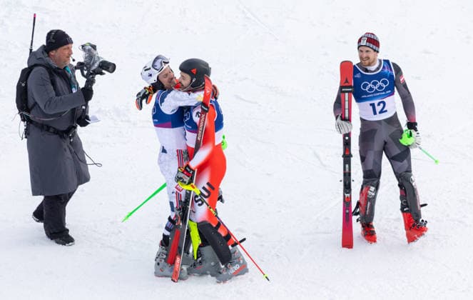 OLYMPICS - Winter Olympic Games, Olympische Spiele, Olympia, OS Milano Cortina 2026 BORMIO,ITALY,16.FEB.26 - OLYMPICS, ALPINE SKIING - Winter Olympic Games Milano Cortina 2026, slalom, men. Image shows Henrik Kristoffersen (NOR), Loic Meillard (SUI) and Fabio Gstrein (AUT).  GEPAxpictures xHaraldxSteiner