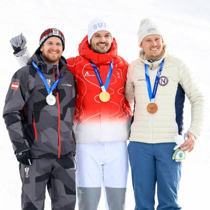 OLYMPICS - Winter Olympic Games, Olympische Spiele, Olympia, OS Milano Cortina 2026 BORMIO,ITALY,16.FEB.26 - OLYMPICS, ALPINE SKIING - Winter Olympic Games Milano Cortina 2026, slalom, men, medal ceremony. Image shows the rejoicing of Fabio Gstrein (AUT), Loic Meillard (SUI) and Henrik Kristoffersen (NOR). Keywords: medal.  GEPAxpictures xWolfgangxGrebien